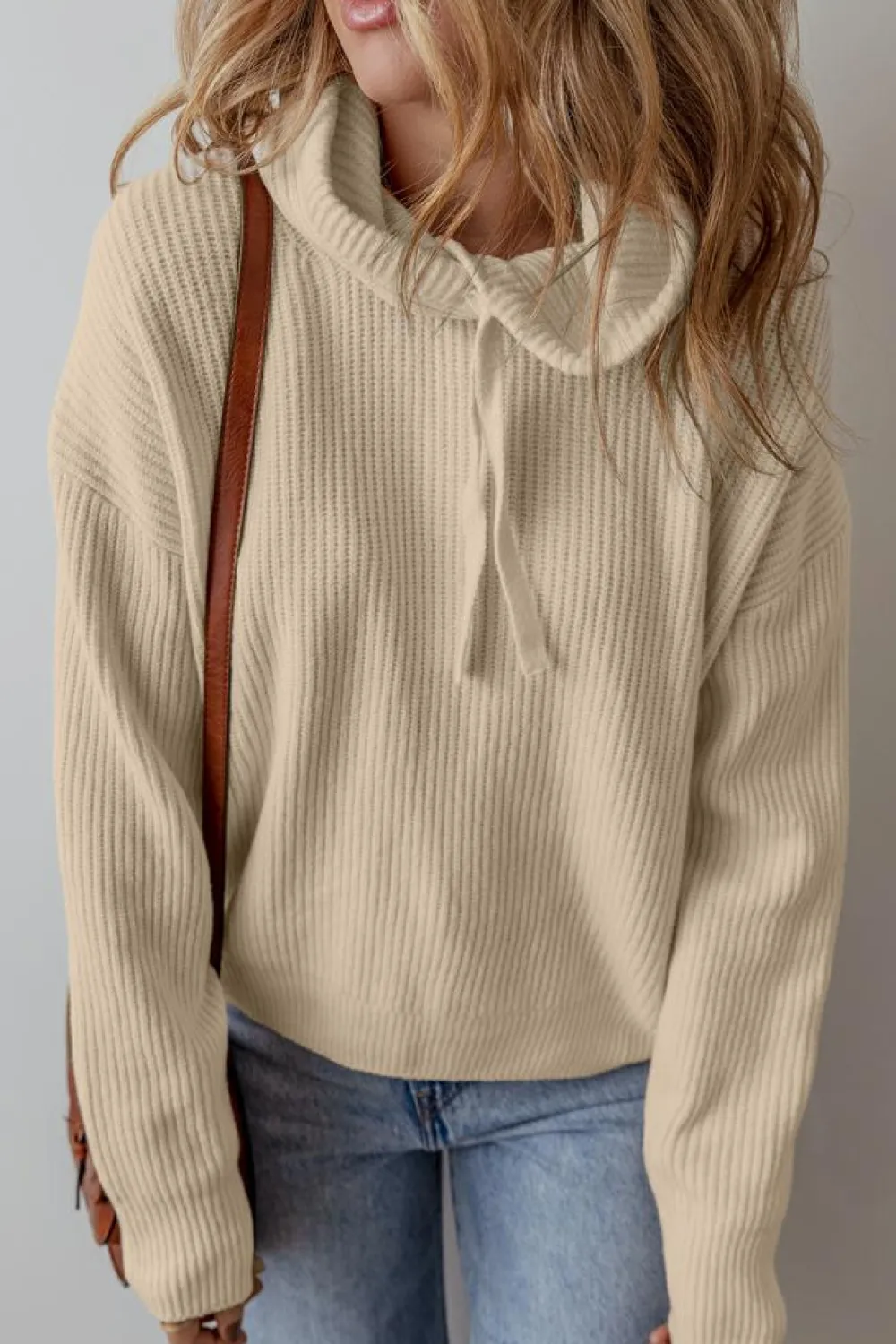 New Dear-Lover Solid Color Drawstring Hooded Drop Shoulder Pullover Sweater Beige