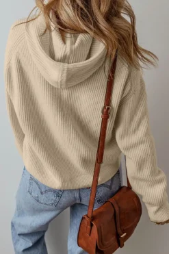 New Dear-Lover Solid Color Drawstring Hooded Drop Shoulder Pullover Sweater Beige