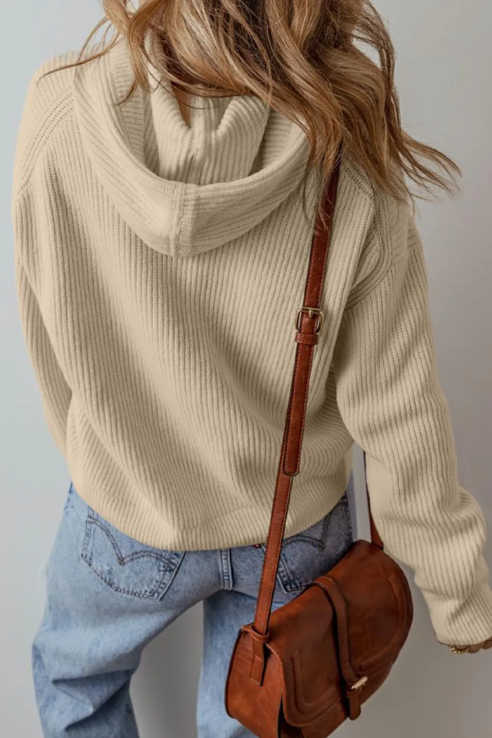New Dear-Lover Solid Color Drawstring Hooded Drop Shoulder Pullover Sweater Beige