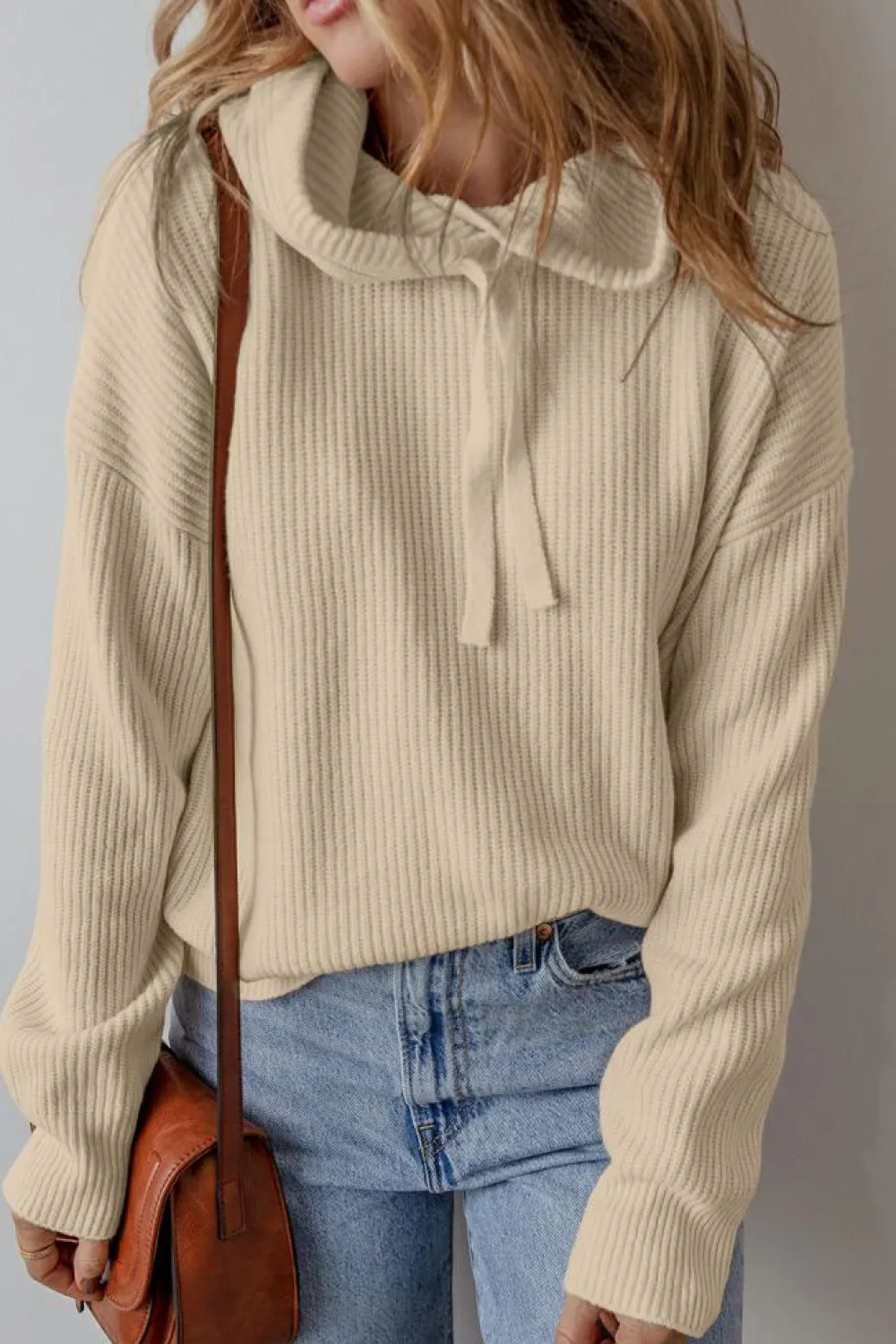 New Dear-Lover Solid Color Drawstring Hooded Drop Shoulder Pullover Sweater Beige