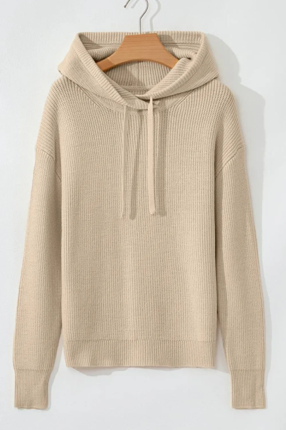 New Dear-Lover Solid Color Drawstring Hooded Drop Shoulder Pullover Sweater Beige