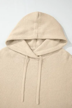 New Dear-Lover Solid Color Drawstring Hooded Drop Shoulder Pullover Sweater Beige