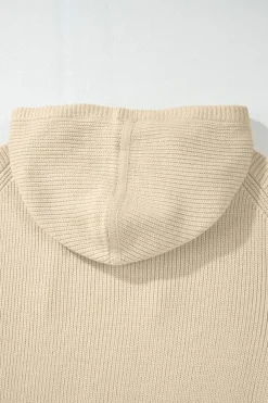 New Dear-Lover Solid Color Drawstring Hooded Drop Shoulder Pullover Sweater Beige