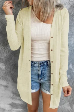 Best Dear-Lover Solid Color Open-Front Buttons Cardigan Beige