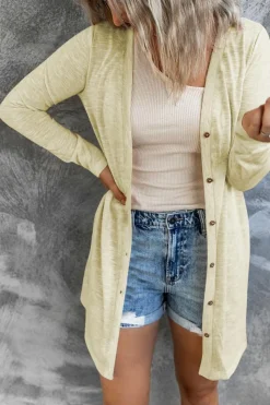Best Dear-Lover Solid Color Open-Front Buttons Cardigan Beige