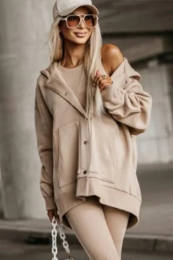 Hot Dear-Lover Solid Color Pocketed Button Up Loose Hoodie Beige