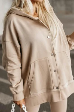Hot Dear-Lover Solid Color Pocketed Button Up Loose Hoodie Beige
