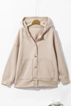 Hot Dear-Lover Solid Color Pocketed Button Up Loose Hoodie Beige
