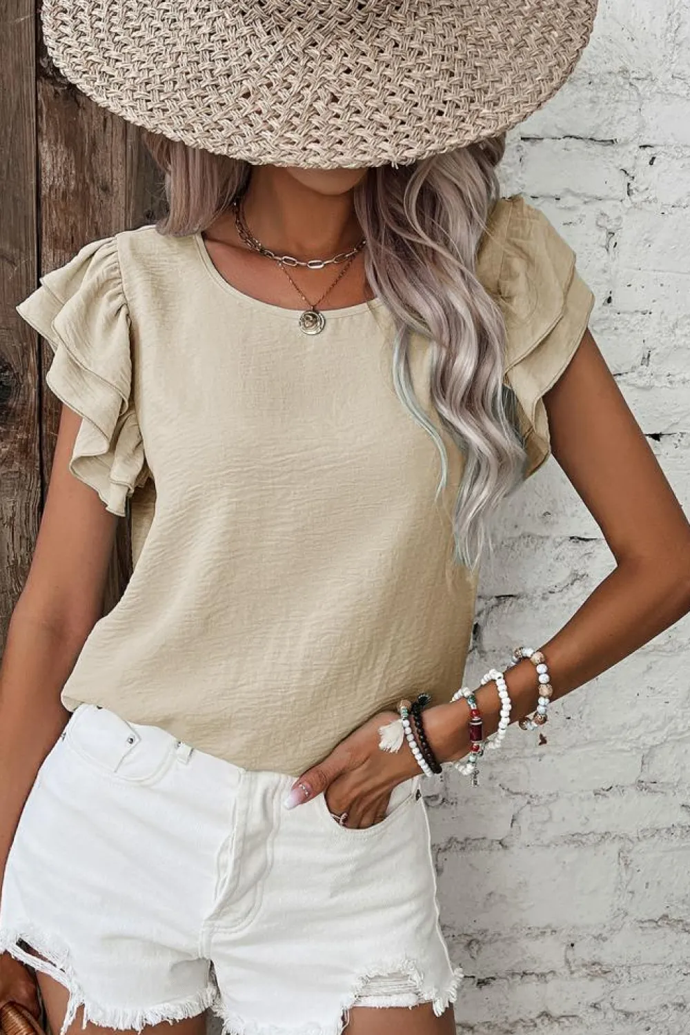 Clearance Dear-Lover Solid Color Ruffled Short Sleeve Casual Blouse Beige