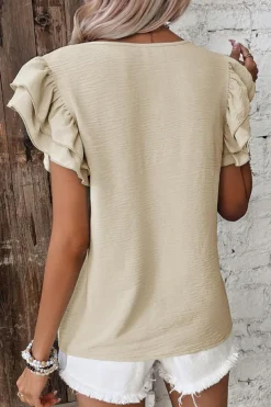 Clearance Dear-Lover Solid Color Ruffled Short Sleeve Casual Blouse Beige