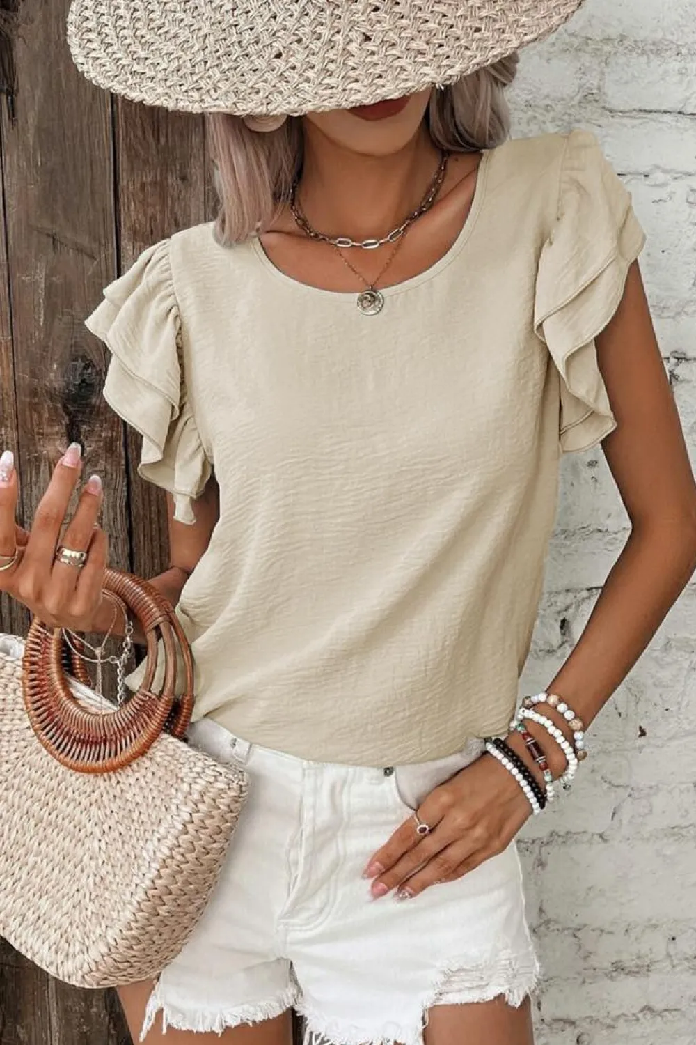 Clearance Dear-Lover Solid Color Ruffled Short Sleeve Casual Blouse Beige