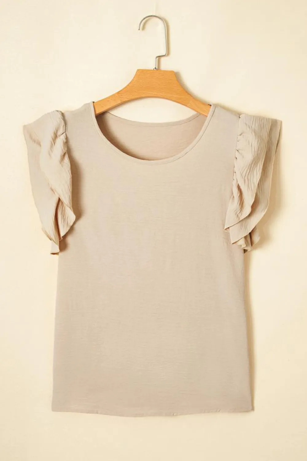 Clearance Dear-Lover Solid Color Ruffled Short Sleeve Casual Blouse Beige