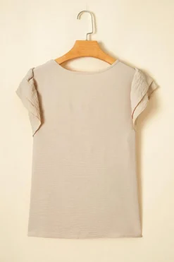 Clearance Dear-Lover Solid Color Ruffled Short Sleeve Casual Blouse Beige