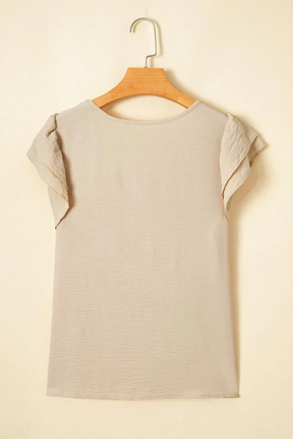 Clearance Dear-Lover Solid Color Ruffled Short Sleeve Casual Blouse Beige