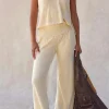 Clearance Dear-Lover Solid Color Tank Top and Smocked Waist Pants Set Beige
