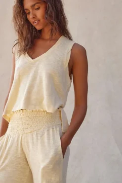 Clearance Dear-Lover Solid Color Tank Top and Smocked Waist Pants Set Beige