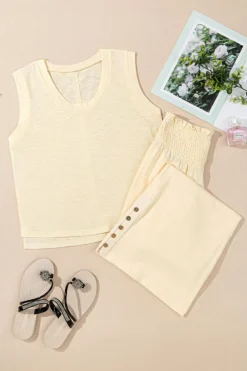 Clearance Dear-Lover Solid Color Tank Top and Smocked Waist Pants Set Beige