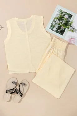 Clearance Dear-Lover Solid Color Tank Top and Smocked Waist Pants Set Beige