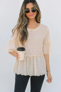 Clearance Dear-Lover Solid Color Textured Ruffled Short Sleeve Blouse Beige