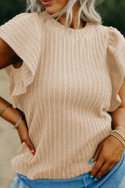 Best Dear-Lover Solid Color Textured Flutter Sleeve Top Beige