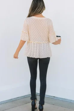 Clearance Dear-Lover Solid Color Textured Ruffled Short Sleeve Blouse Beige