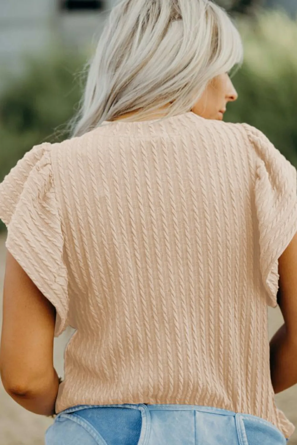 Best Dear-Lover Solid Color Textured Flutter Sleeve Top Beige