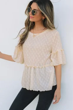 Clearance Dear-Lover Solid Color Textured Ruffled Short Sleeve Blouse Beige