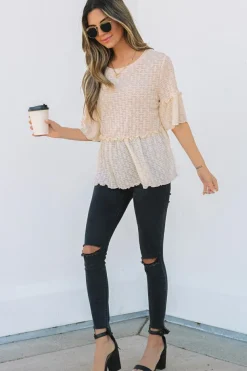 Clearance Dear-Lover Solid Color Textured Ruffled Short Sleeve Blouse Beige