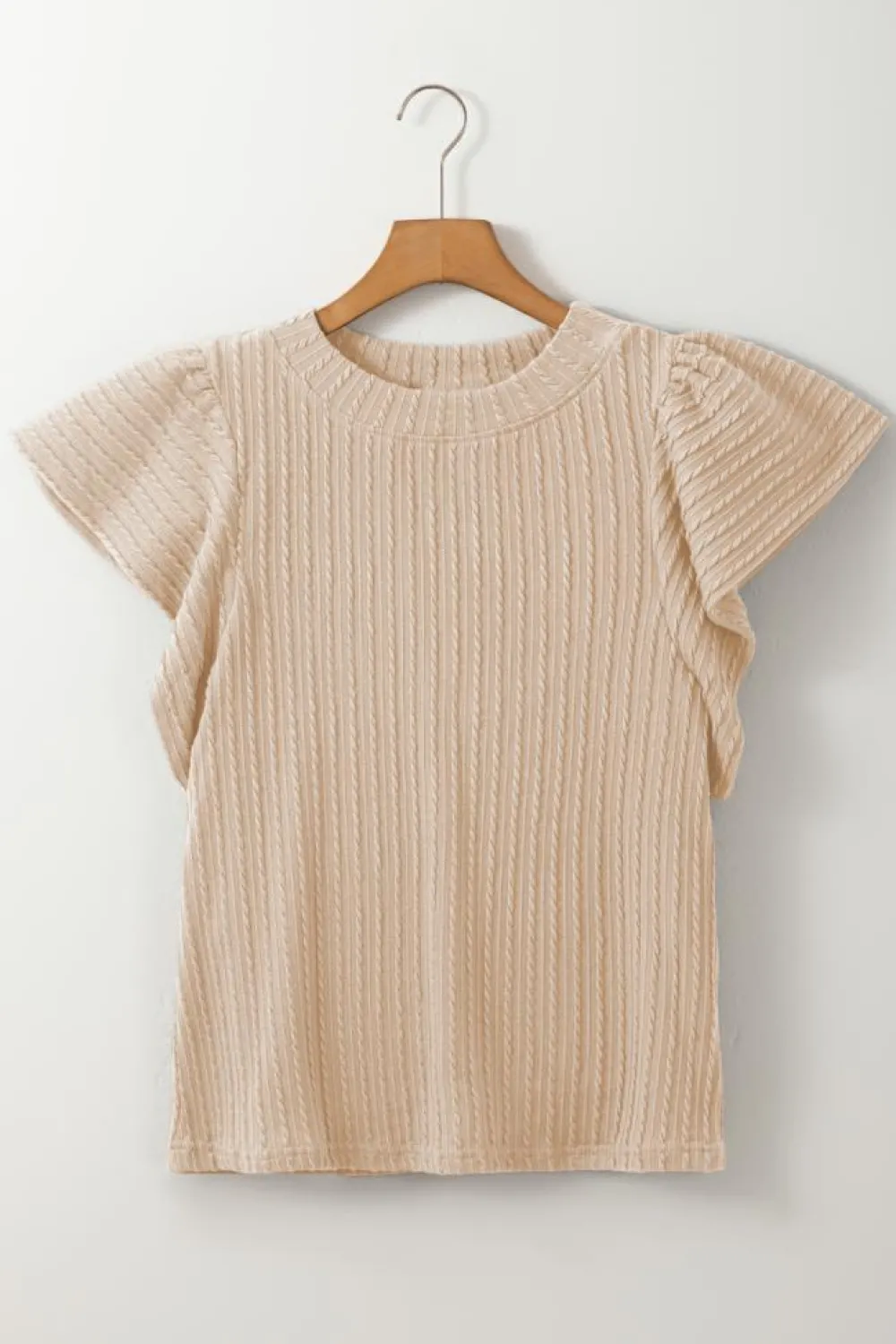Best Dear-Lover Solid Color Textured Flutter Sleeve Top Beige