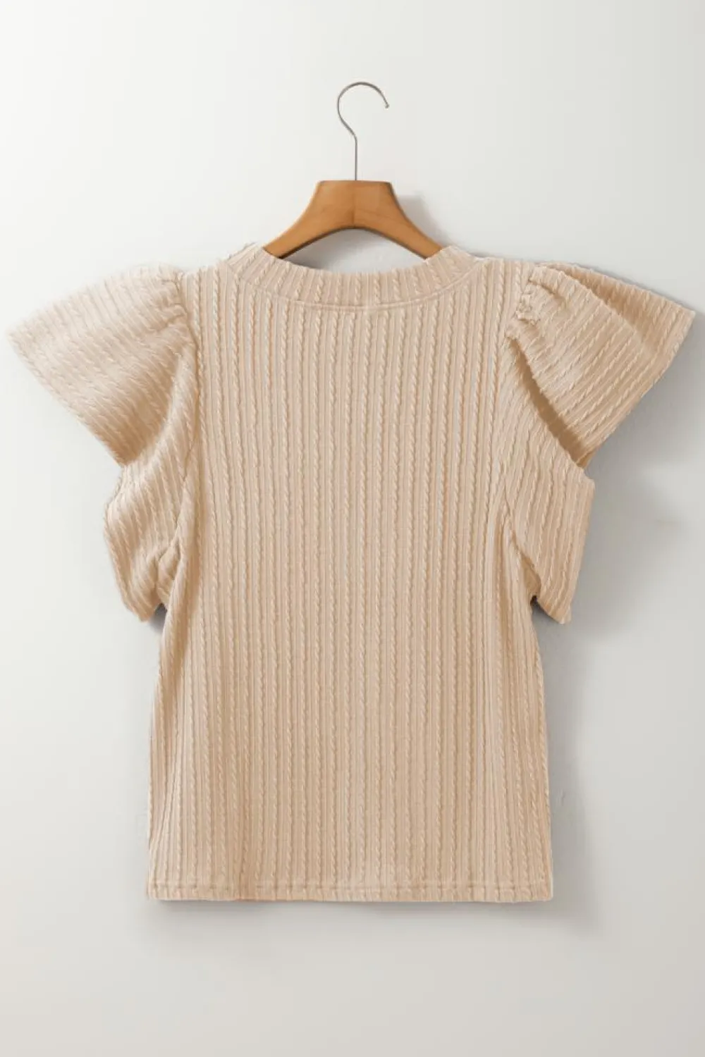 Best Dear-Lover Solid Color Textured Flutter Sleeve Top Beige