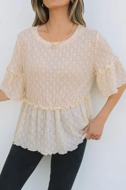 Clearance Dear-Lover Solid Color Textured Ruffled Short Sleeve Blouse Beige
