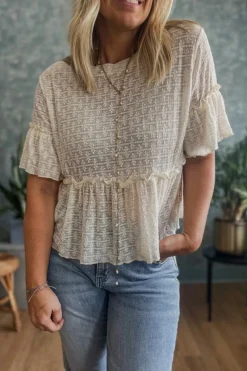 Clearance Dear-Lover Solid Color Textured Ruffled Short Sleeve Blouse Beige