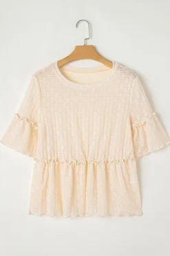 Clearance Dear-Lover Solid Color Textured Ruffled Short Sleeve Blouse Beige