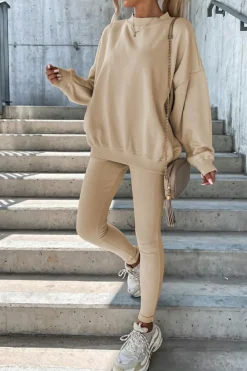 Best Dear-Lover Solid Sweatshirt and Leggings Two Piece Set Beige