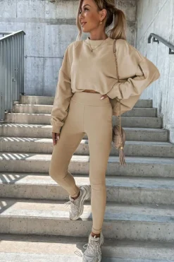 Best Dear-Lover Solid Sweatshirt and Leggings Two Piece Set Beige
