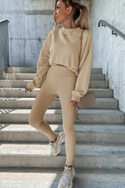 Best Dear-Lover Solid Sweatshirt and Leggings Two Piece Set Beige