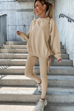 Best Dear-Lover Solid Sweatshirt and Leggings Two Piece Set Beige