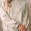 Sale Dear-Lover Solid Textured Raglan Sleeve Pullover Sweatshirt Beige