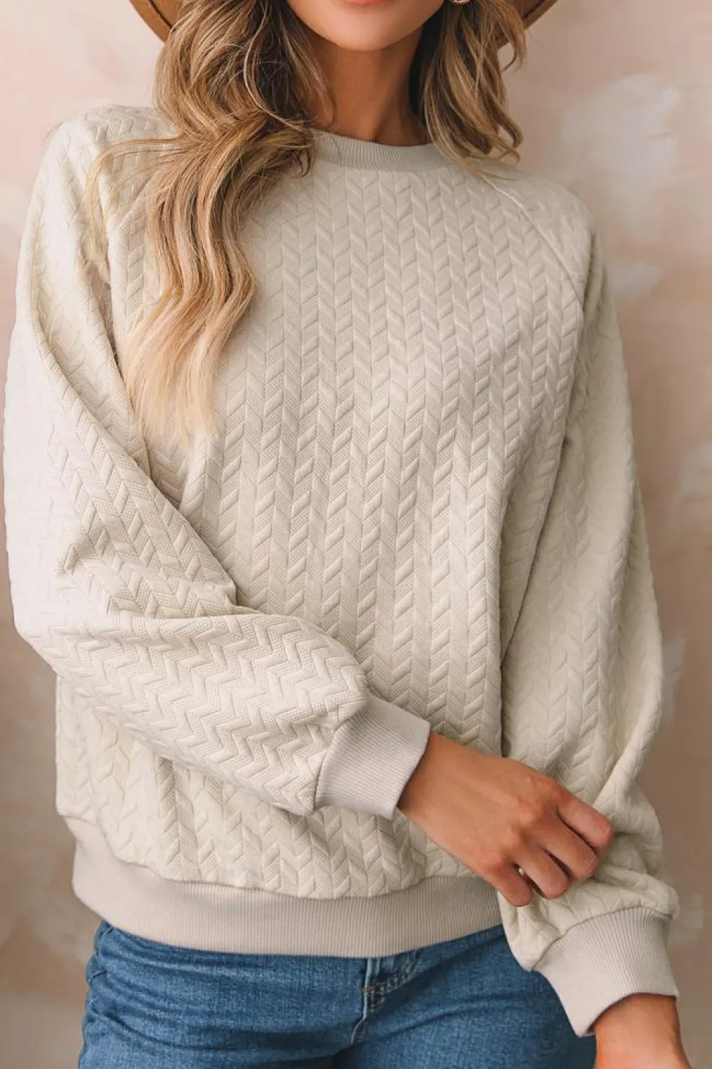 Sale Dear-Lover Solid Textured Raglan Sleeve Pullover Sweatshirt Beige