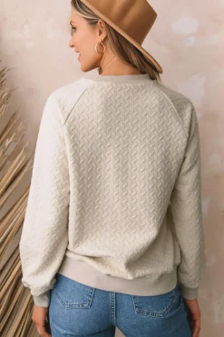 Sale Dear-Lover Solid Textured Raglan Sleeve Pullover Sweatshirt Beige