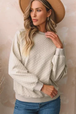Sale Dear-Lover Solid Textured Raglan Sleeve Pullover Sweatshirt Beige