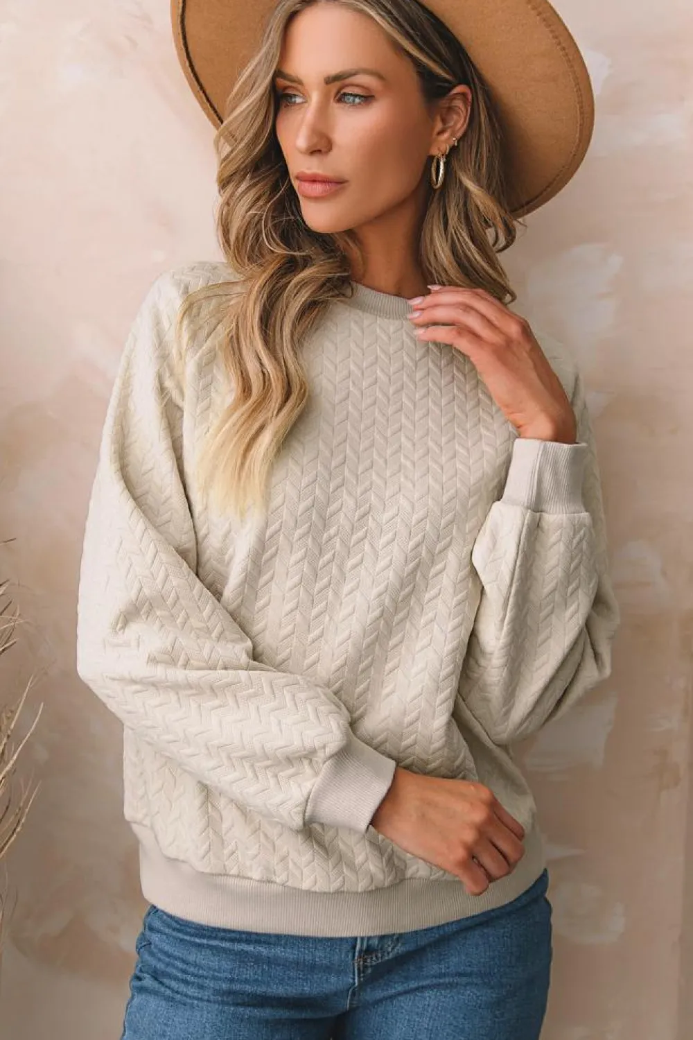 Sale Dear-Lover Solid Textured Raglan Sleeve Pullover Sweatshirt Beige