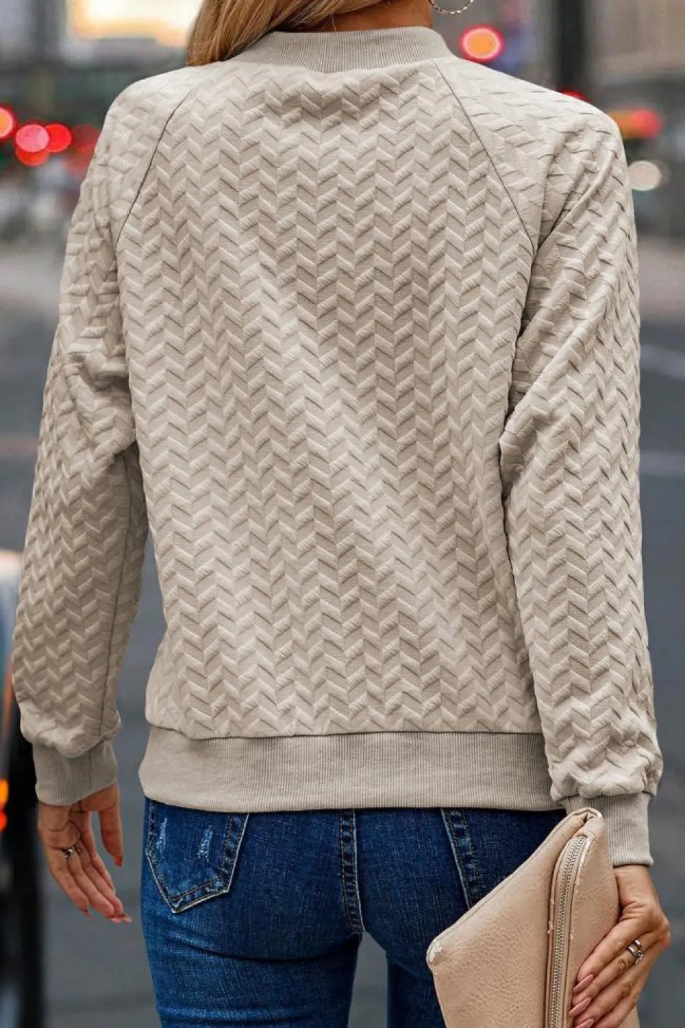 Sale Dear-Lover Solid Textured Raglan Sleeve Pullover Sweatshirt Beige