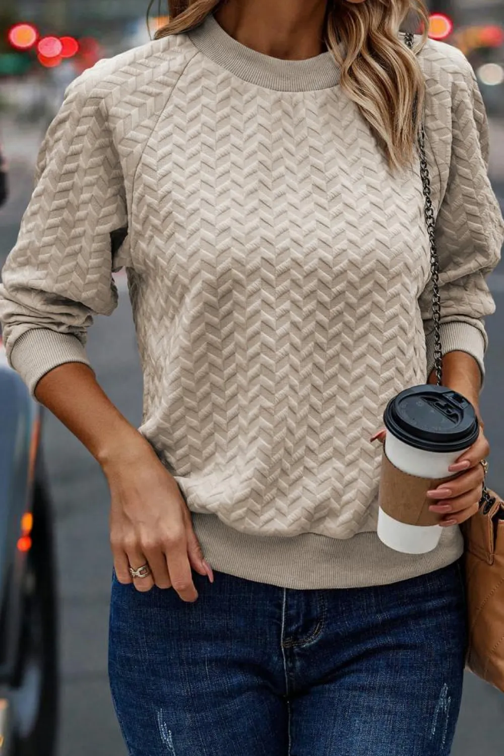Sale Dear-Lover Solid Textured Raglan Sleeve Pullover Sweatshirt Beige
