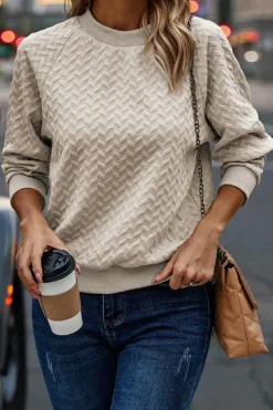 Sale Dear-Lover Solid Textured Raglan Sleeve Pullover Sweatshirt Beige