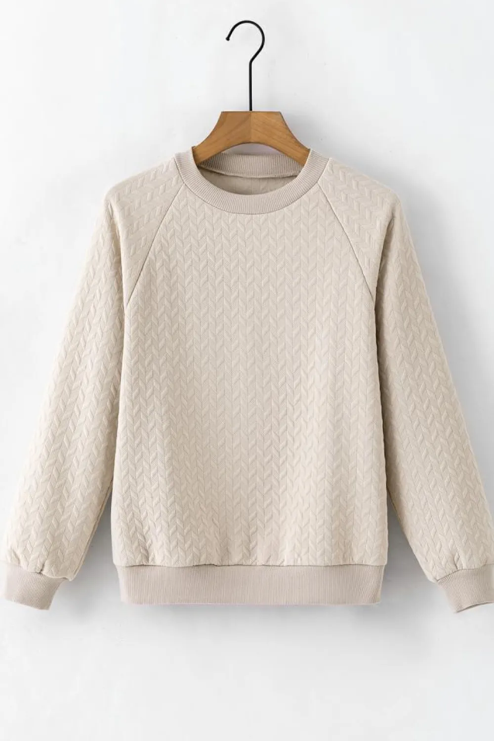 Sale Dear-Lover Solid Textured Raglan Sleeve Pullover Sweatshirt Beige