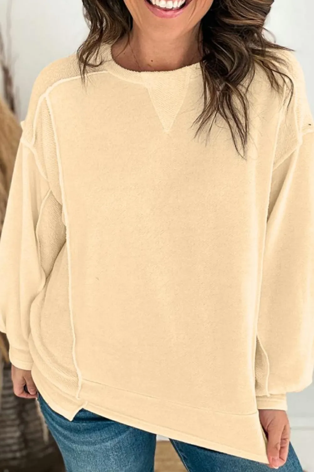 Outlet Dear-Lover Splicing Round Neck Pullover Sweatshirt Beige