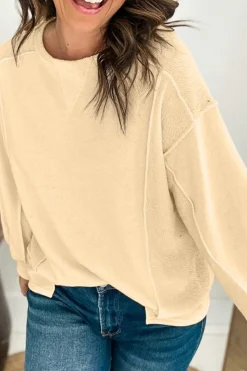 Outlet Dear-Lover Splicing Round Neck Pullover Sweatshirt Beige