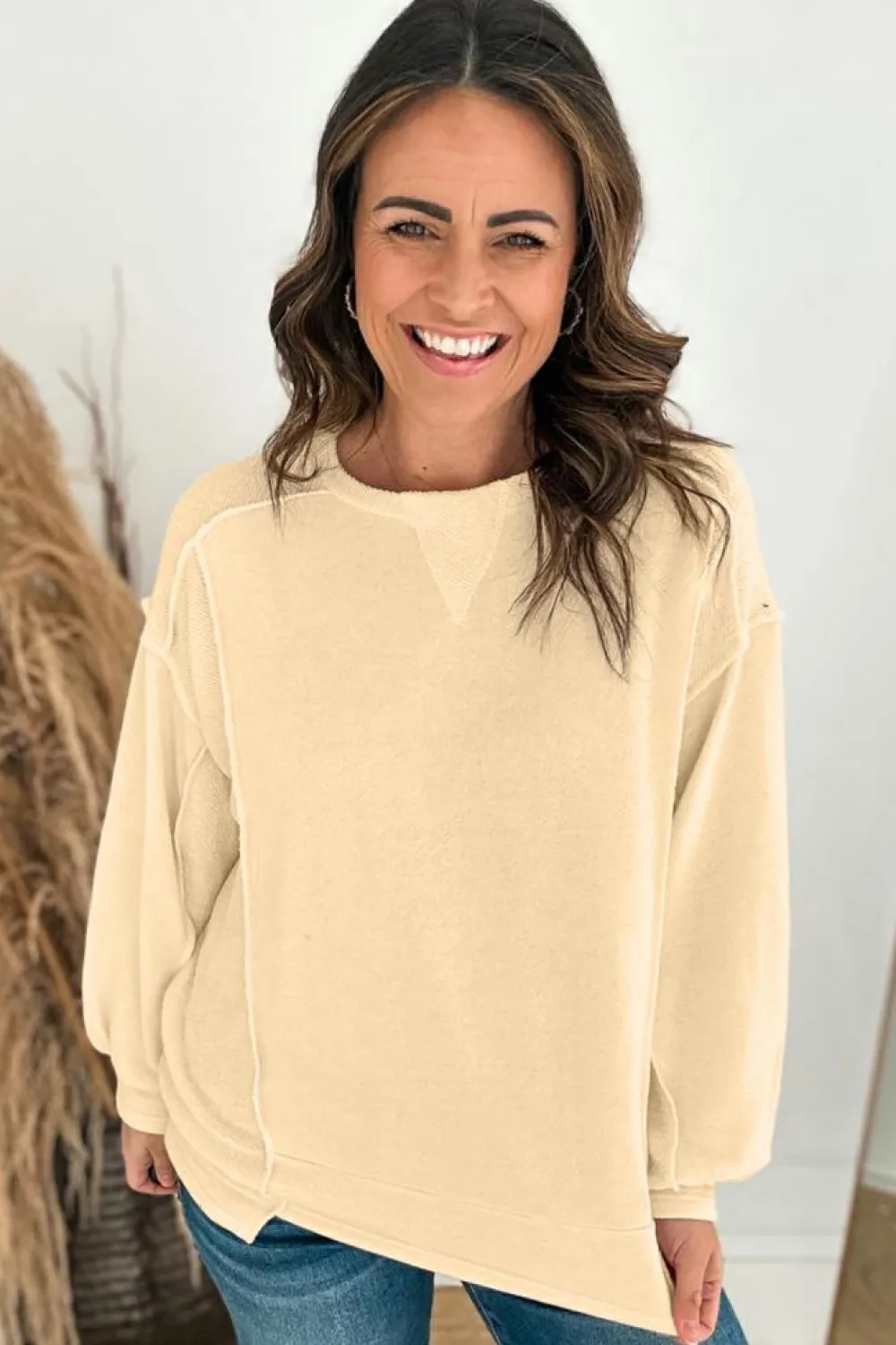 Outlet Dear-Lover Splicing Round Neck Pullover Sweatshirt Beige