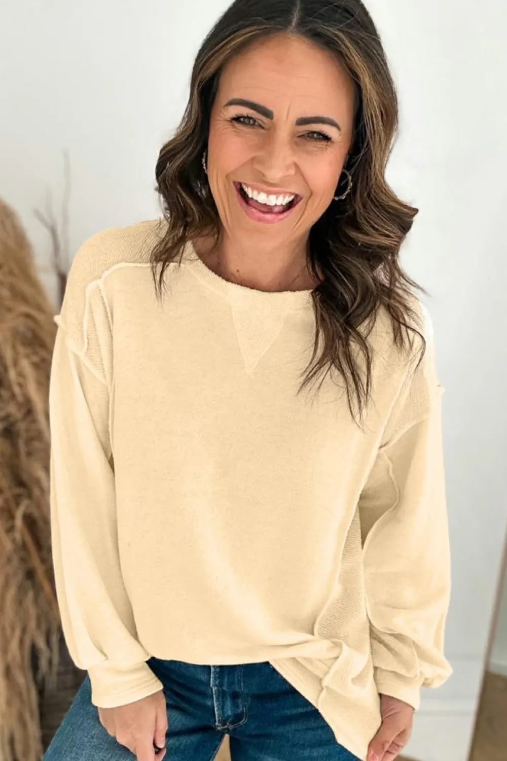Outlet Dear-Lover Splicing Round Neck Pullover Sweatshirt Beige